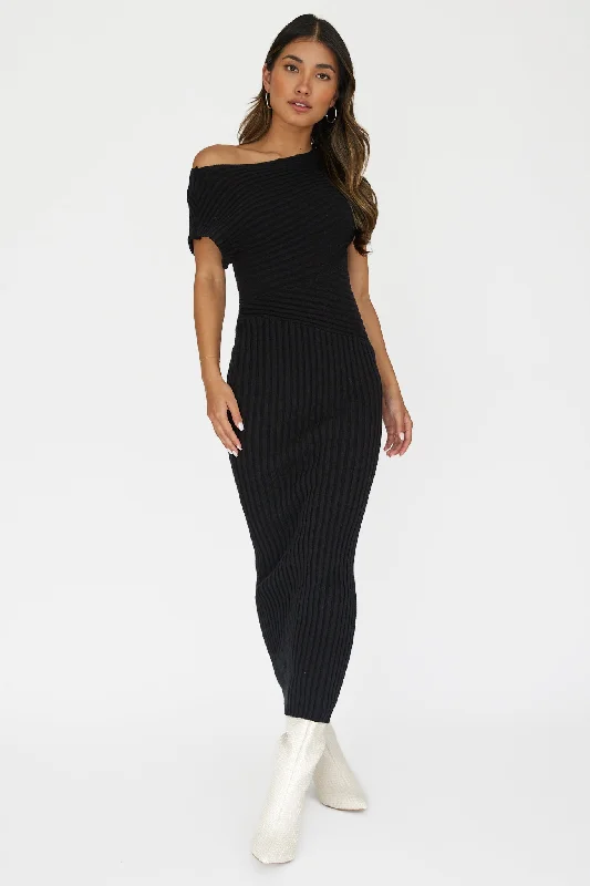 Women's Fitted Black Maxi Dress-Kaelyn Asymmetric Neck Knit Maxi Dress Black