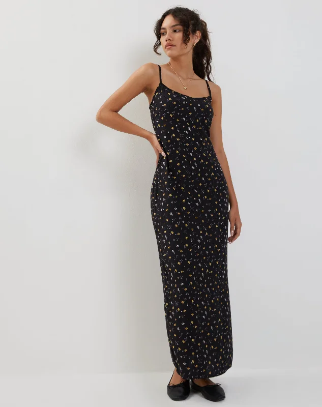 Women's Cold Shoulder Maxi Dress-Kafka Maxi Dress in Pretty Petal Black