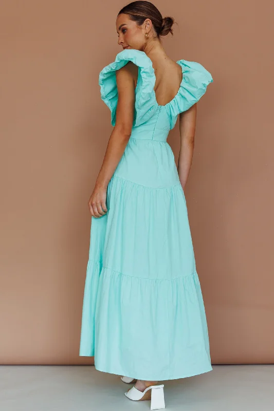 Women's Printed Bohemian Maxi Dress-Kahlo Puffed Ruffle Neckline Maxi Dress Mint