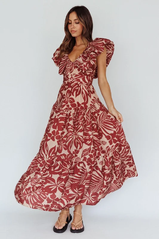 Women's Silk Slip Maxi Dress-Kahlo Puffed Ruffle Neckline Maxi Dress Print Flame