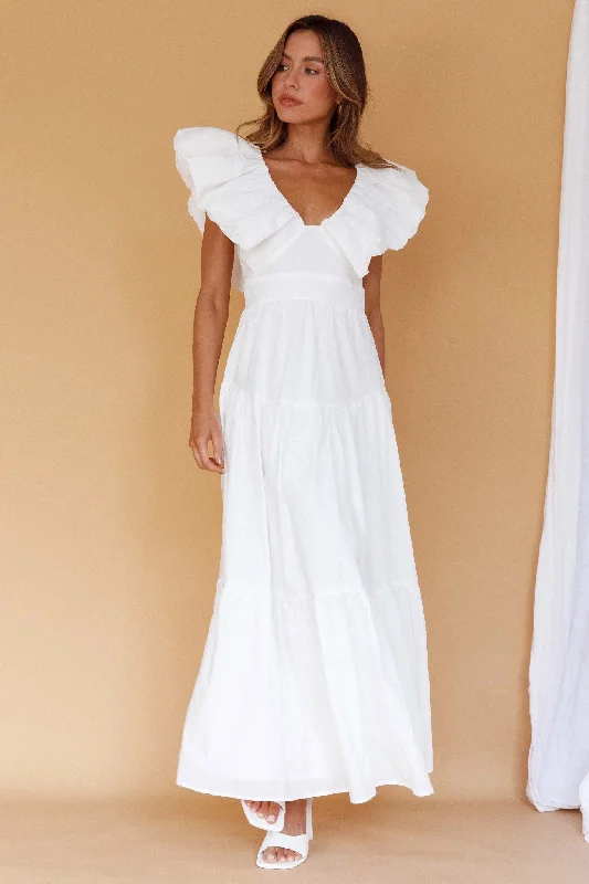 Women's Soft Lace Maxi Dress-Kahlo Puffed Ruffle Neckline Maxi Dress White