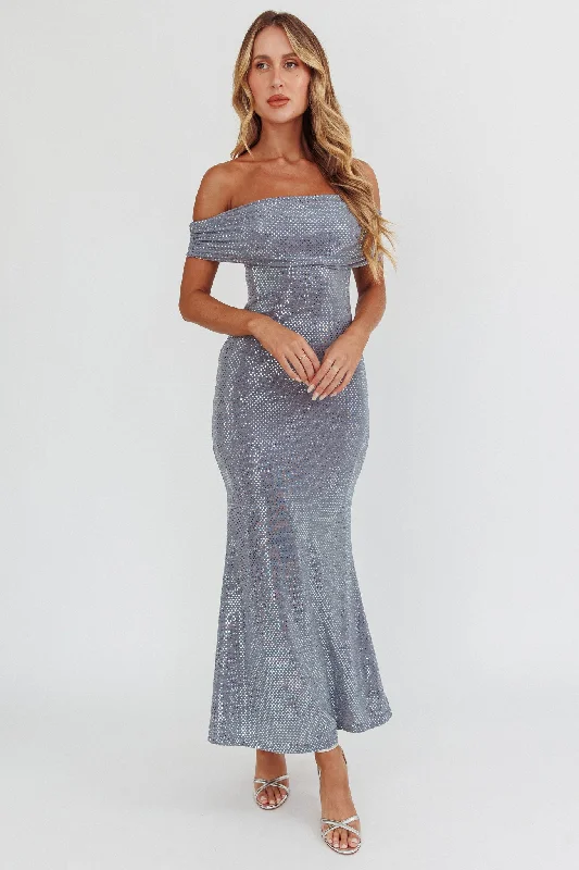 Women's Boho Crochet Maxi Dress-Kailey Off-Shoulder Maxi Dress Spangle Silver