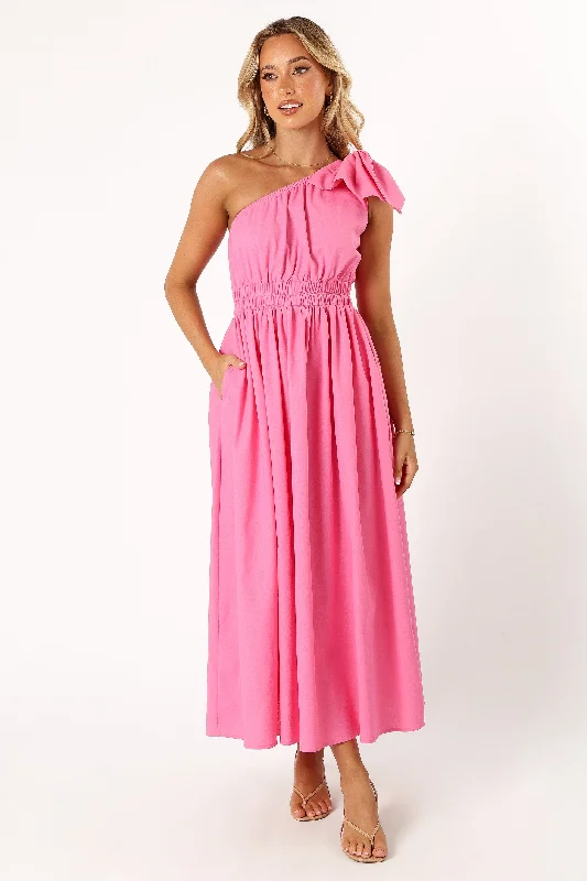 Women's Backless Maxi Dress-Kailey One Shoulder Maxi Dress - Hot Pink