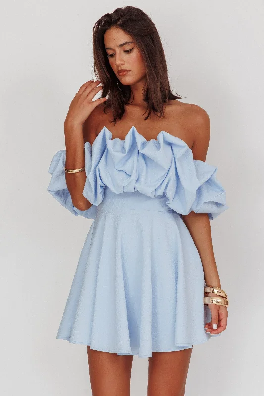 Women's Tie Waist Mini Dress-Kailynn Off-Shoulder A-Line Mini Dress Blue
