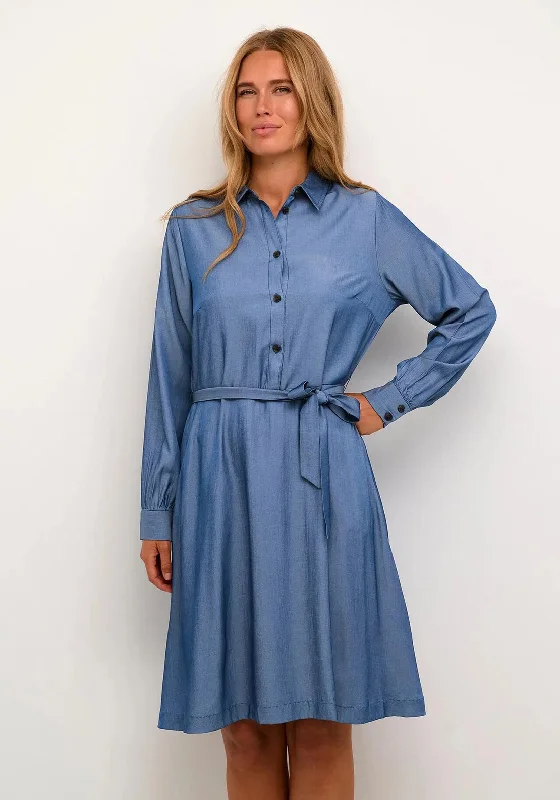 Women's Comfortable Button Shirt Dress-KAFFE Leonora Midi Shirt Dress, Chambray Blue