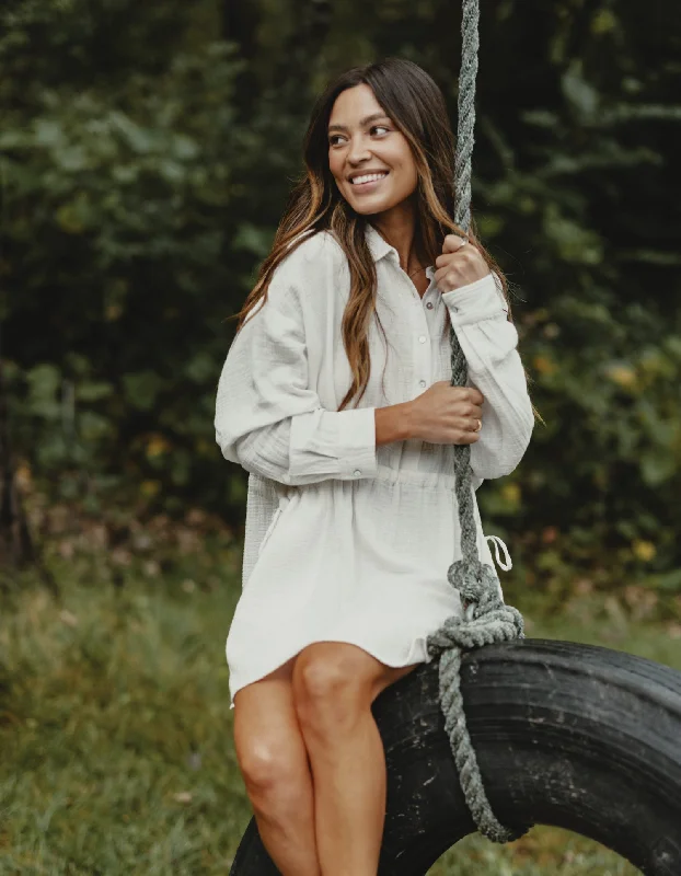 Women's A-line Shirt Dress with Pockets-Kalo Shirt Dress in Ivory