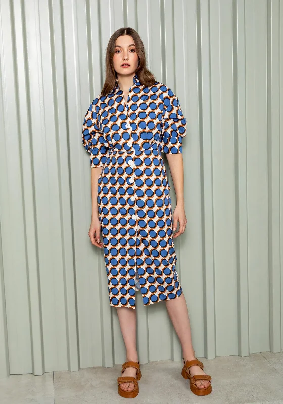 Casual Plaid Shirt Dress-Kameya Ciricle Print A-line Midi Shirt Dress, Indigo