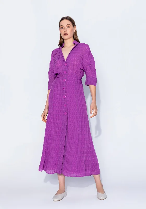 Stylish Office Shirt Dress-Kameya Sheer Plaid Maxi Shirt Dress, Violet