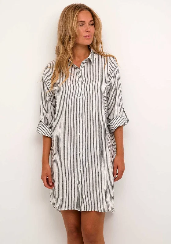 Flared Shirt Dress-Kaffe Milla Linen Blend Shirt Dress, Black Stripe
