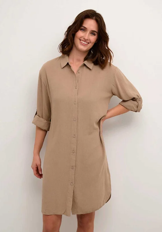 Plaid Shirt Dress with Belt-Kaffe Milla Linen Blend Shirt Dress, Chinchilla