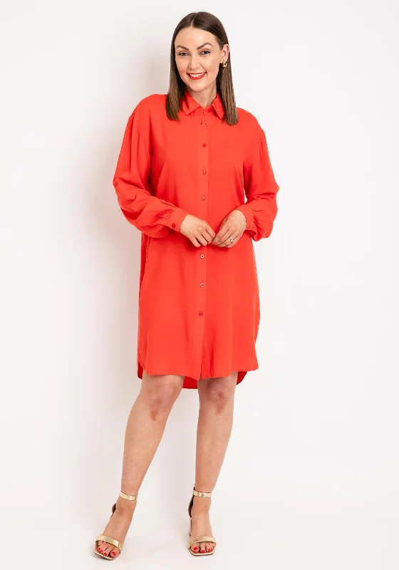 Button-up Denim Shirt Dress-Kaffe Milla Linen Blend Shirt Dress, Cayenne