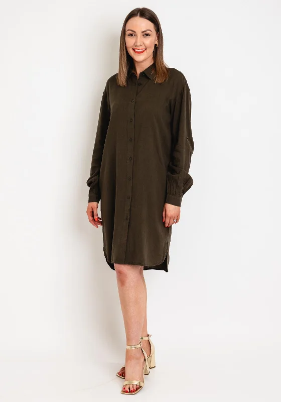 Casual Checked Shirt Dress-Kaffe Milla Linen Blend Shirt Dress, Forest Night