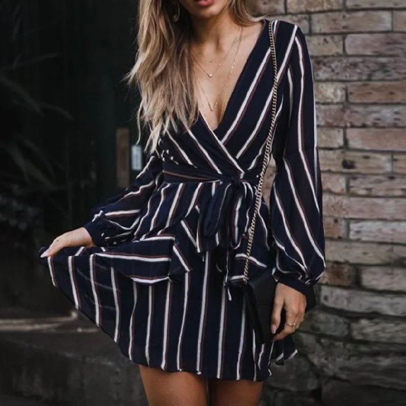 Lace Back Party Dress for Sexy Vibe -KANCOOLD Dress Women's Fashion Lantern Sleeve Casual Striped V-Neck Dress Casual Ruffle Mini Party Dress women 2018AUG9