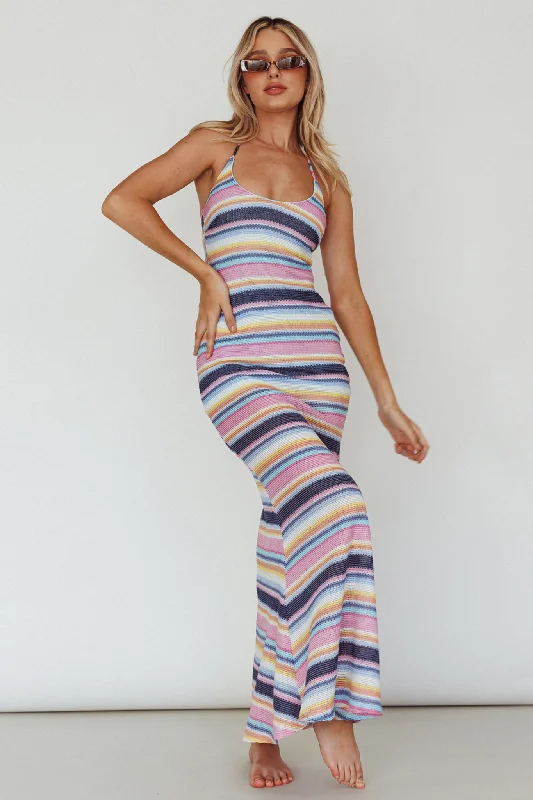 Women's Off-the-shoulder Boho Maxi Dress-Kandy Crochet Maxi Dress Stripe Blue Multi