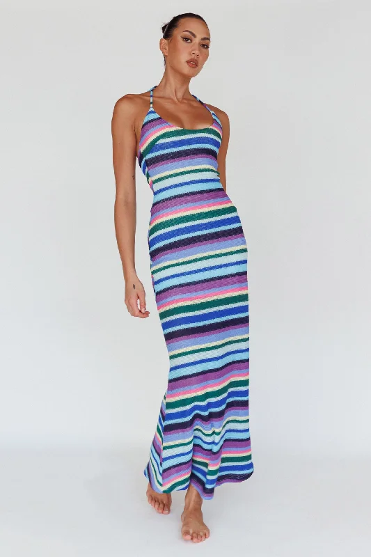 Women's A-line Chiffon Maxi Dress-Kandy Crochet Maxi Dress Stripe Lavender Multi