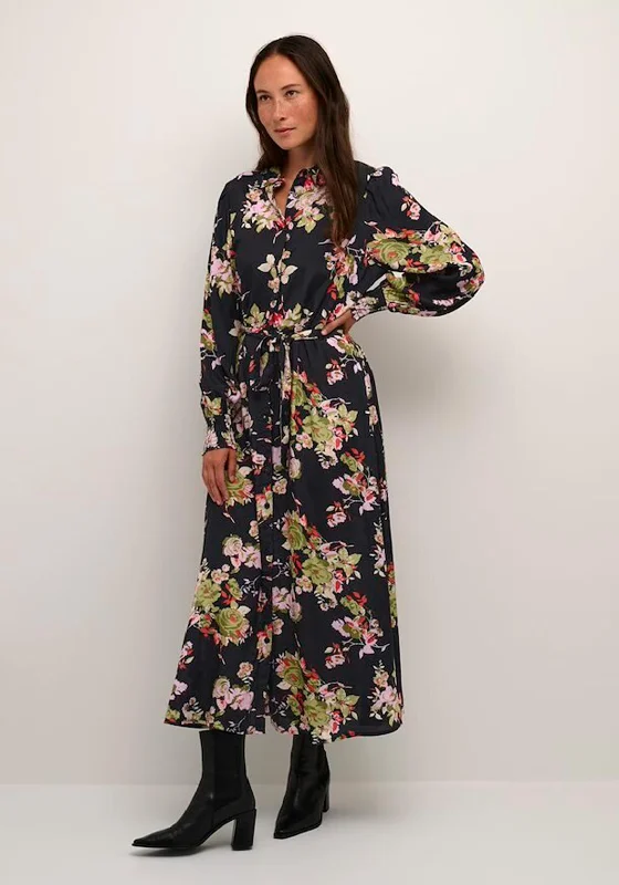 Flared Sleeve Shirt Dress-KAFFE Pollie Floral Midi Shirt Dress, Black