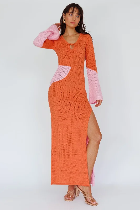 Women's Fitted Maxi Dress-Karsen Long Sleeve Crochet Maxi Dress Orange