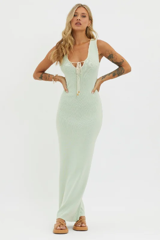 Women's Ruffle Hem Maxi Dress-Karyssa Tied Bust Knit Maxi Dress Sage