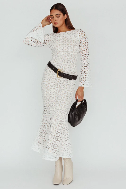 Women's Flowy Maxi Dress-Kasia Long Sleeve Crochet Maxi Dress White