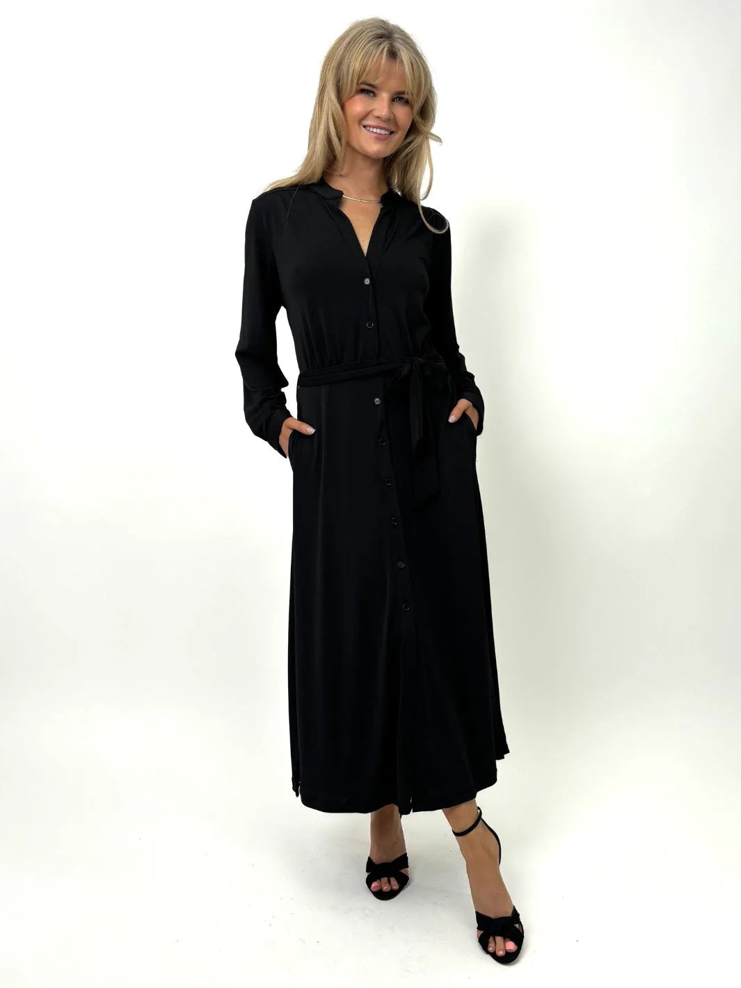 Ruffled Shirt Dress-Kate & Pippa Capri Midi Shirt Dress, Black