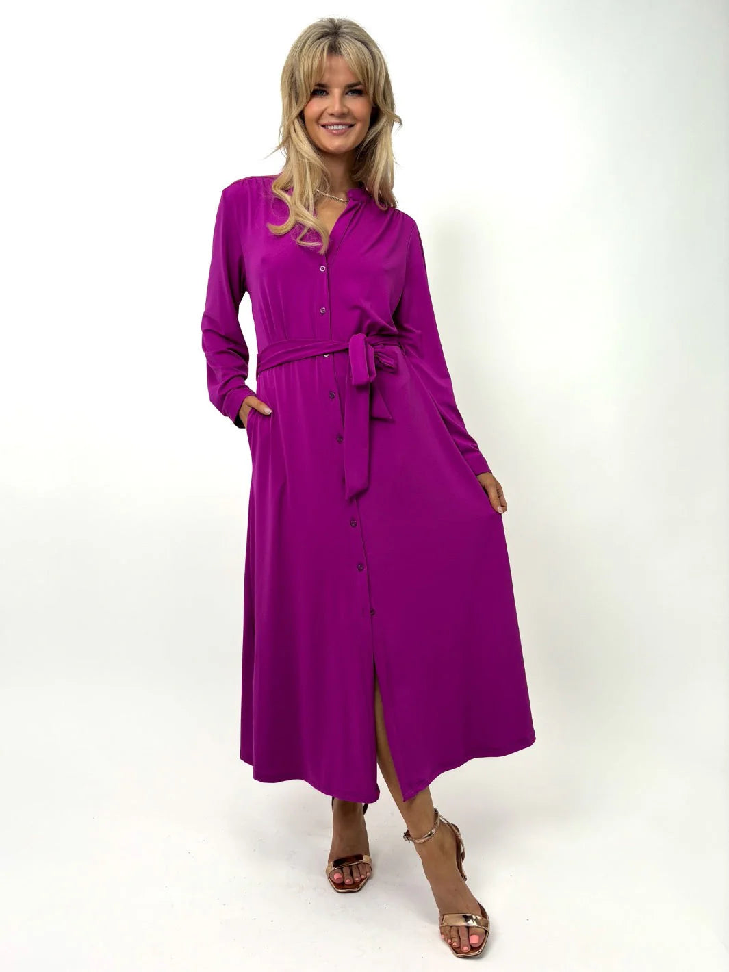 Button Front Shirt Dress-Kate & Pippa Capri Midi Shirt Dress, Magenta