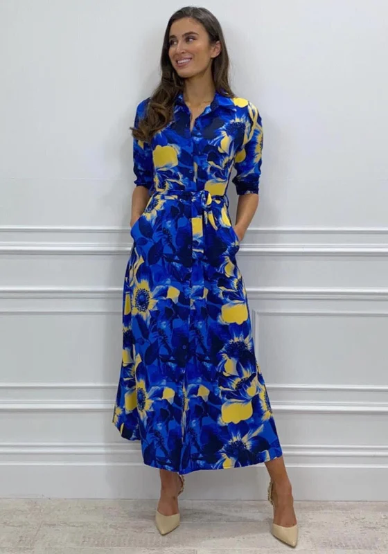 Belted Shirt Dress-Kate & Pippa Luca Tropical Flower Maxi Shirt Dress, Royal Blue Multi