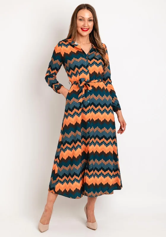 Summer Party Shirt Dress-Kate & Pippa Luca Zig Zag Print Shirt Dress, Orange Multi