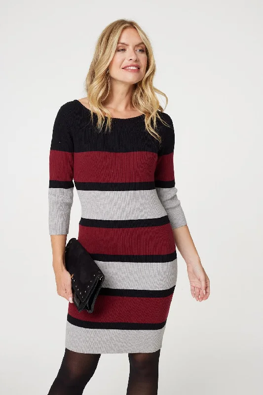 Bodycon Dress with Ruffles -Striped 3/4 Sleeve Knit Bodycon Short Dress