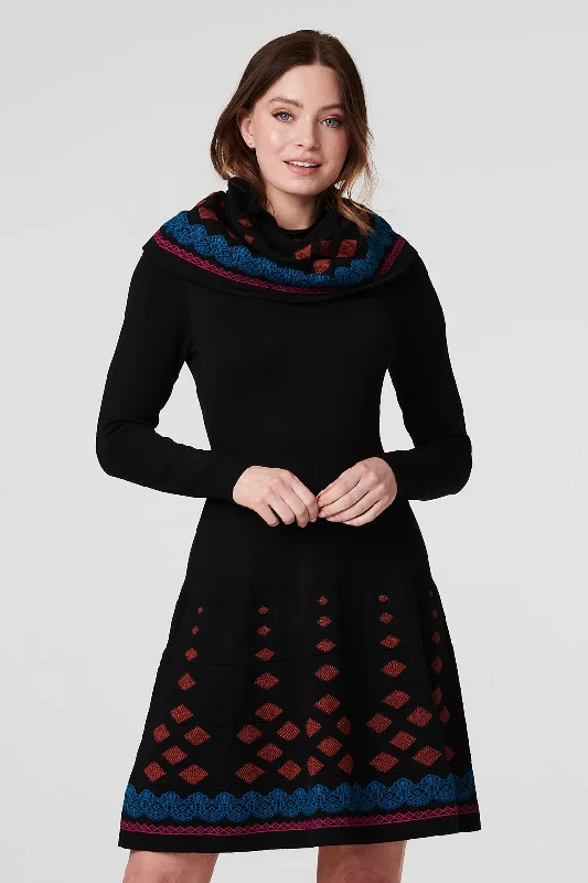 Mini Flare Dress -Printed Fit & Flare Dress with Scarf