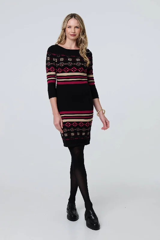 Relaxed Fit Shirt Dress-Fair Isle Striped 3/4 Sleeve Short Dress