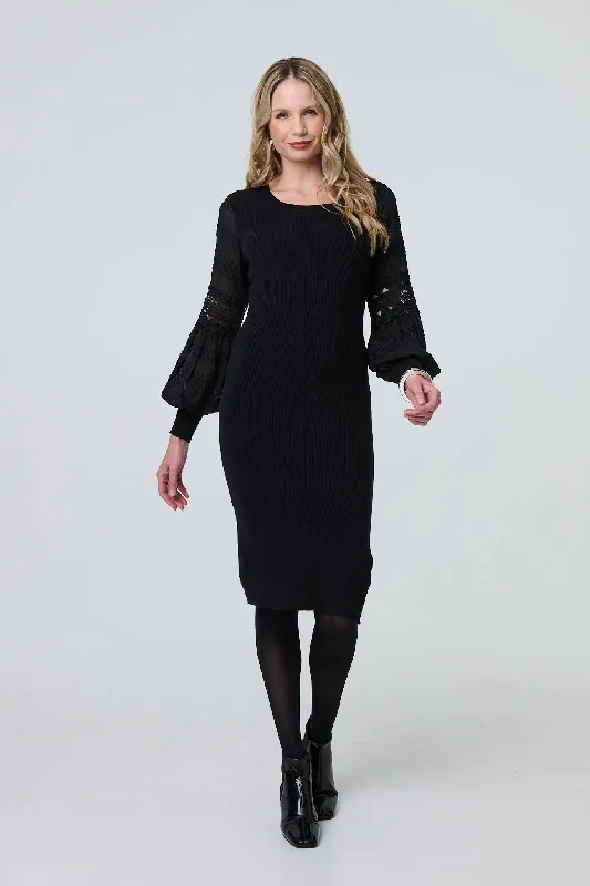 Women's Bodycon Dress with Spaghetti Straps -Long Sheer Sleeve Bodycon Knit Dress
