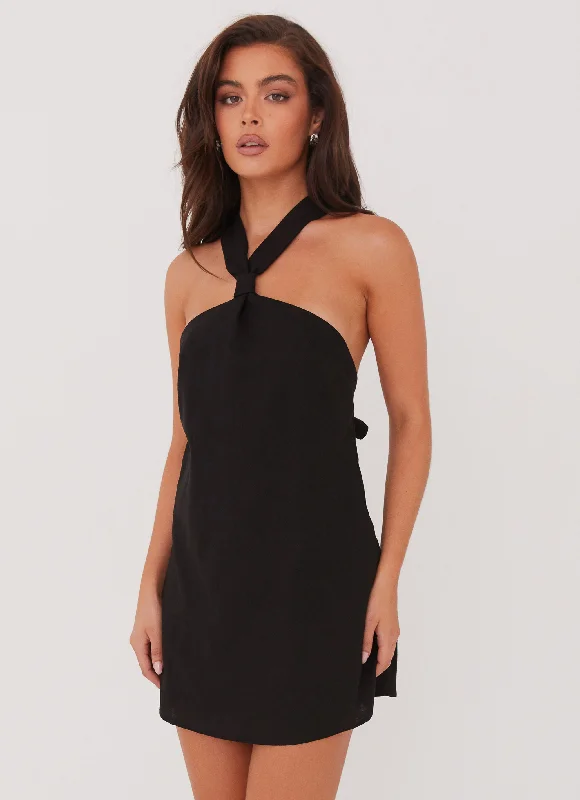 Women's Deep Green Mini Dress-Keira Linen Mini Dress - Black