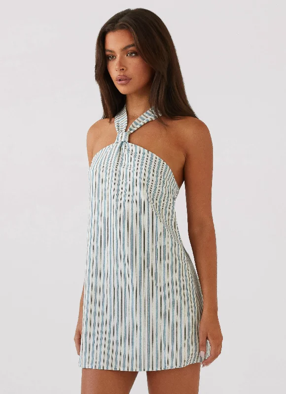 Women's Vintage Floral Mini Dress-Keira Linen Mini Dress - Blue Choc Stripe