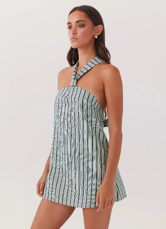 Women's Round Neck Mini Dress-Keira Linen Mini Dress - Coastal Stripe