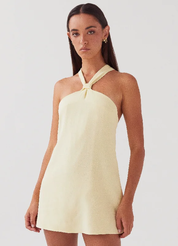 Women's Wraparound Mini Dress-Keira Linen Mini Dress - Lemon