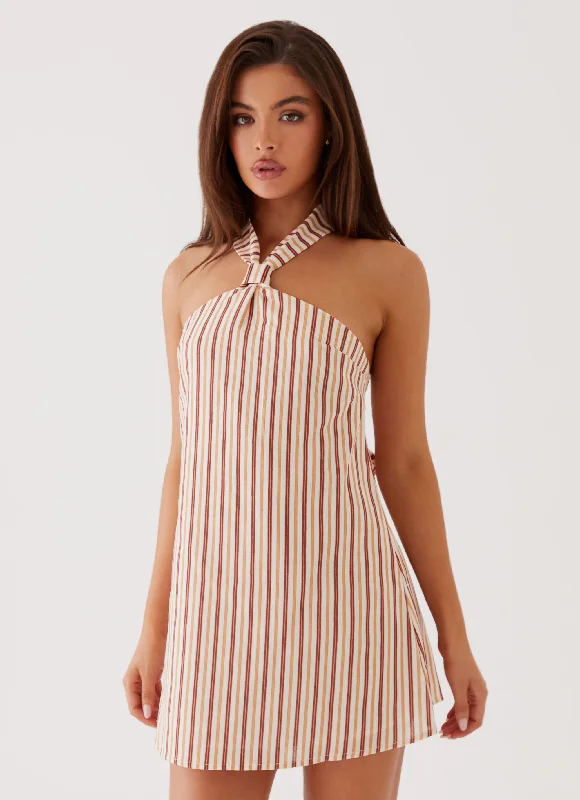 Women's Retro Print Mini Dress-Keira Linen Mini Dress - Passionfruit Stripe