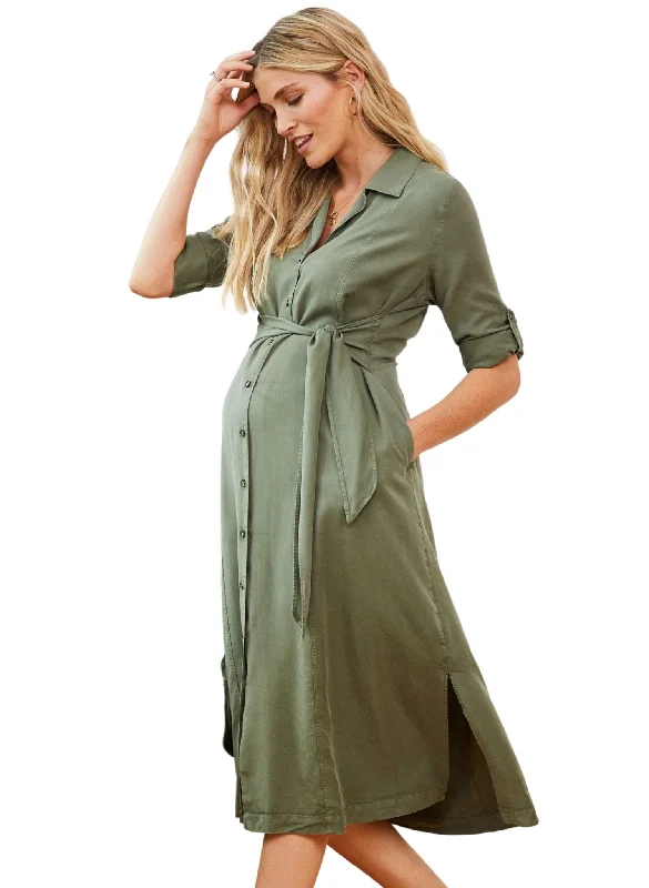 Maternity Dresses with Long Sleeves -Kelsy Maternity Dress with Tencel - Khaki