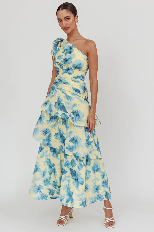 Women's Full-length Maxi Dress-Kenny One Shoulder Tiered Floral Maxi Dress Yellow
