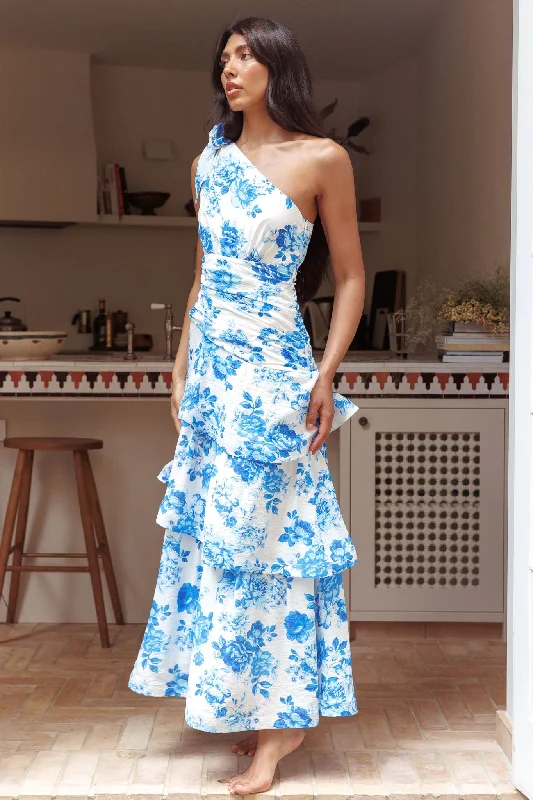 Women's Wrap Belted Maxi Dress-Kenny One Shoulder Tiered Maxi Dress Blue