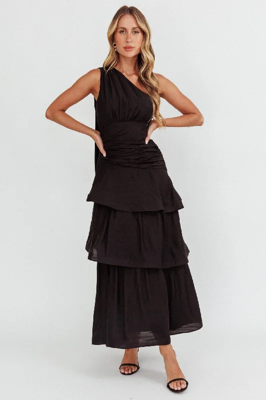 Women's A-line Skirt Maxi Dress-Kenny One Shoulder Tiered Maxi Dress Solid Black