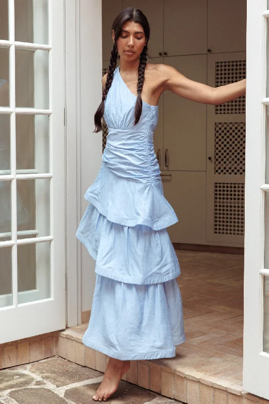 Women's Open-back Ruffle Maxi Dress-Kenny One Shoulder Tiered Maxi Dress Solid Blue