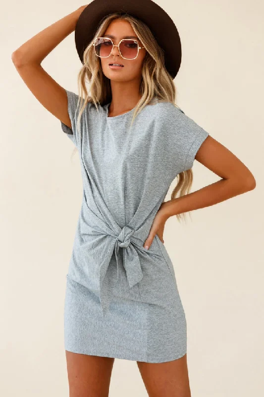 Embellished Denim Shirt Dress-Kenya Tie Front T-Shirt Dress Grey
