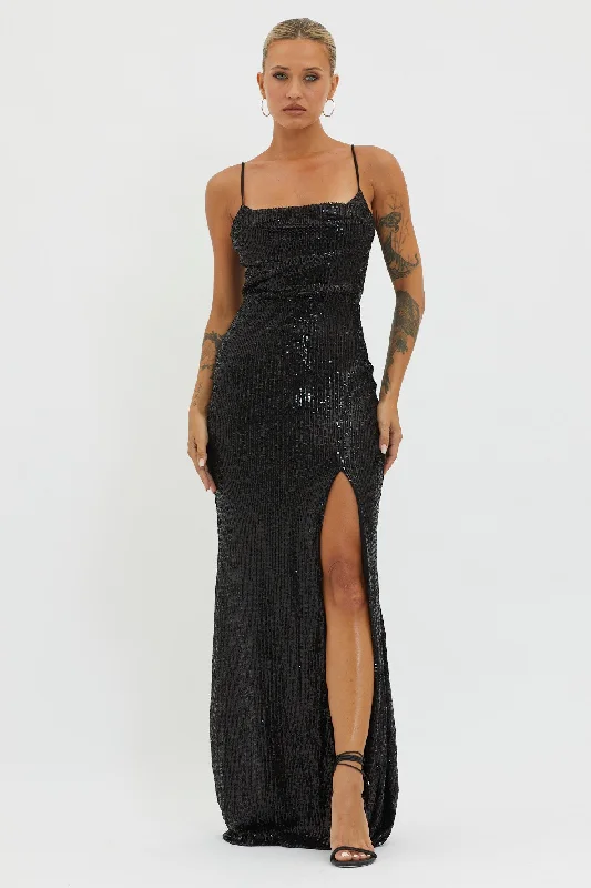 Women's Tie-back Maxi Dress-Kerene Spit Sequin Maxi Dress Black