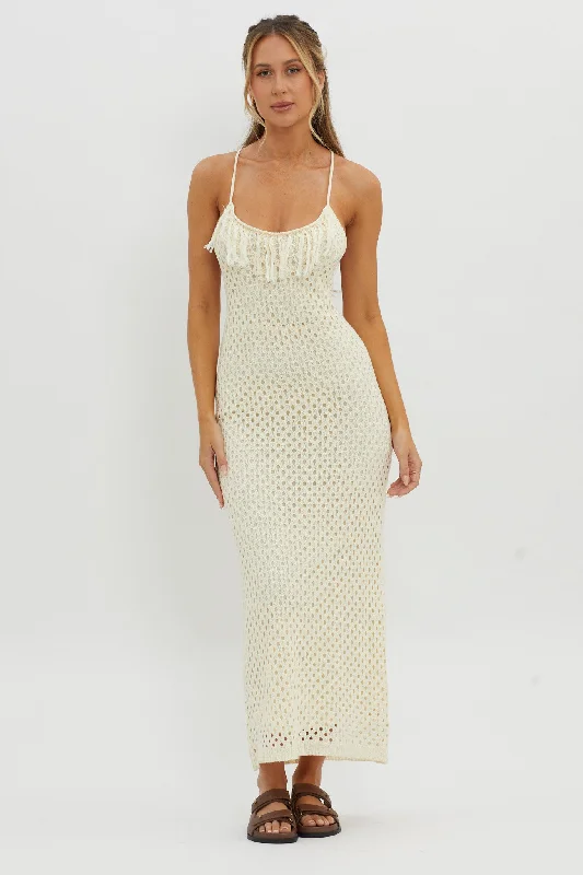 Women's Lightweight Maxi Dress-Kesha Open Back Crochet Maxi Dress Cream