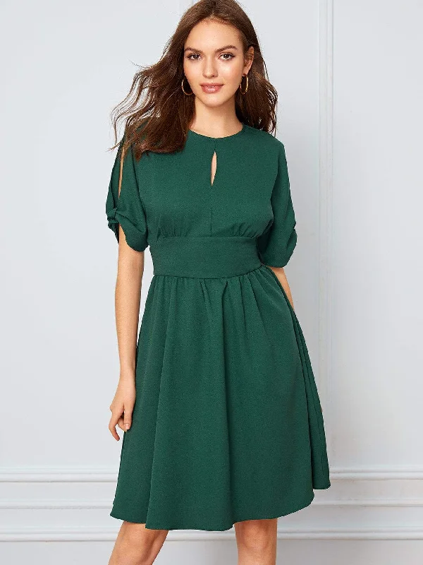 Pleated Flare Dress -Keyhole Front High Waist Split Sleeve Flare Dress
