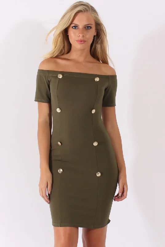 Bodycon Dress with Pleats -Khaki Bardot Bodycon Button Detail Dress - Wallis