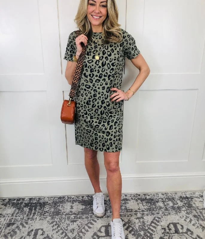 V-neck Plaid Shirt Dress-Khaki Cotton Animal Print T Shirt Dress