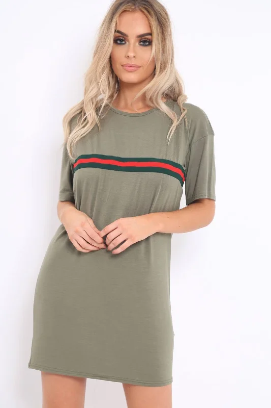 Party Ready Shirt Dress-Khaki Stripe Front T Shirt Dress - Kamden