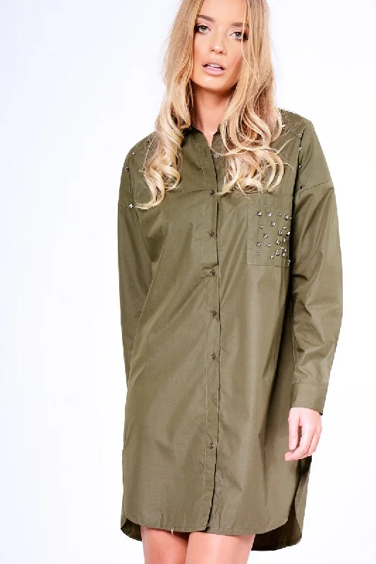 Embroidered Shirt Dress-Khaki Stud Detail Oversized Shirt Dress - Ivona