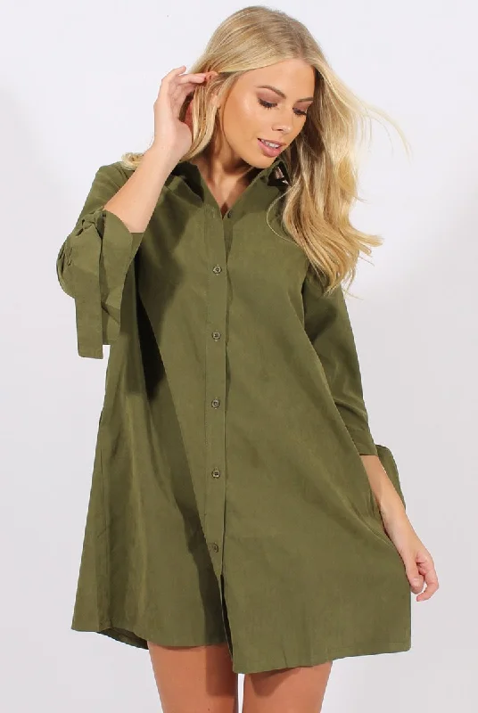 Boat-neck Shirt Dress-Khaki Suede Tie Cuff Oversized Shirt Dress - Deborah